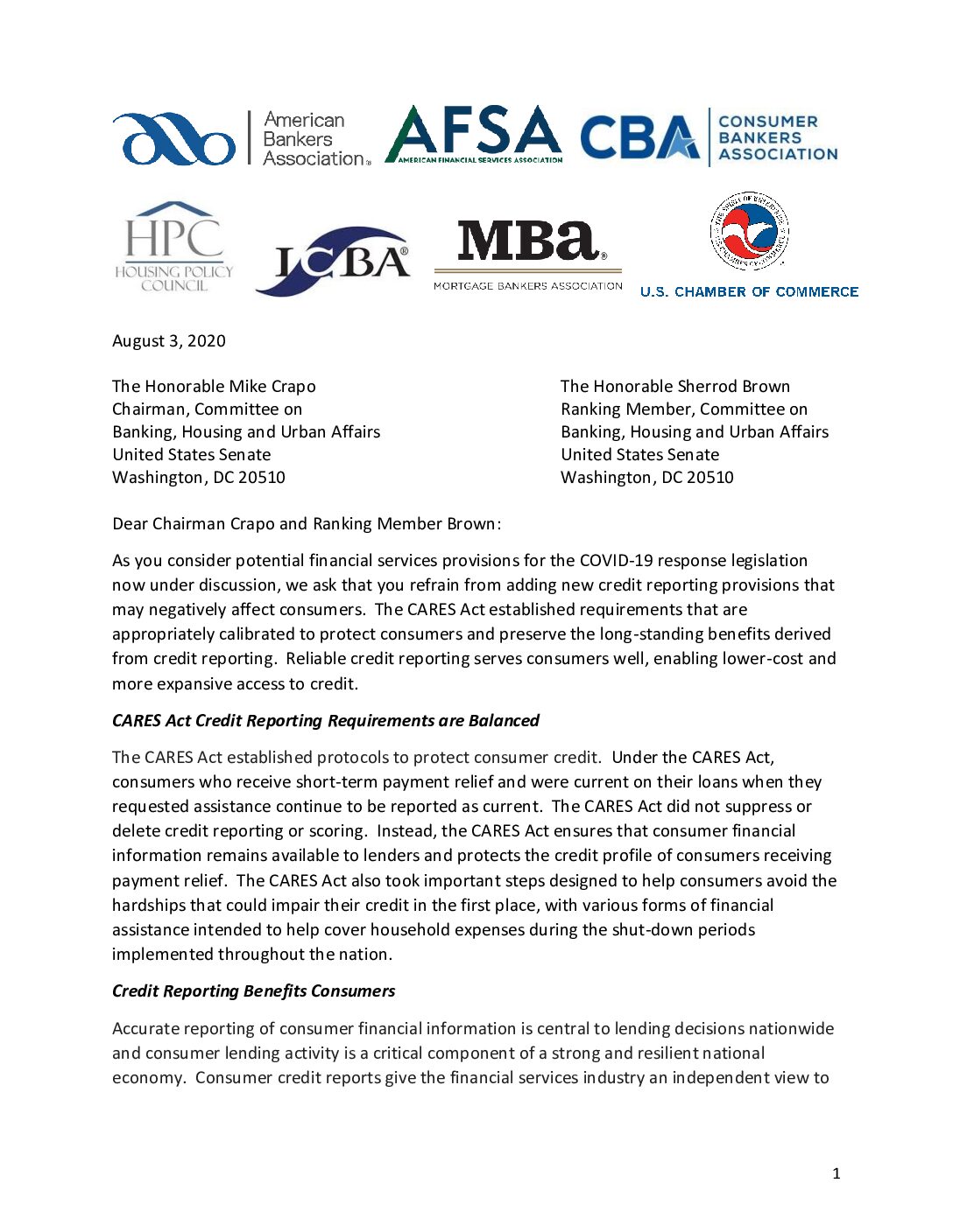 Financial Services Assns. to Senate Banking: Suppression Means Less Accuracy