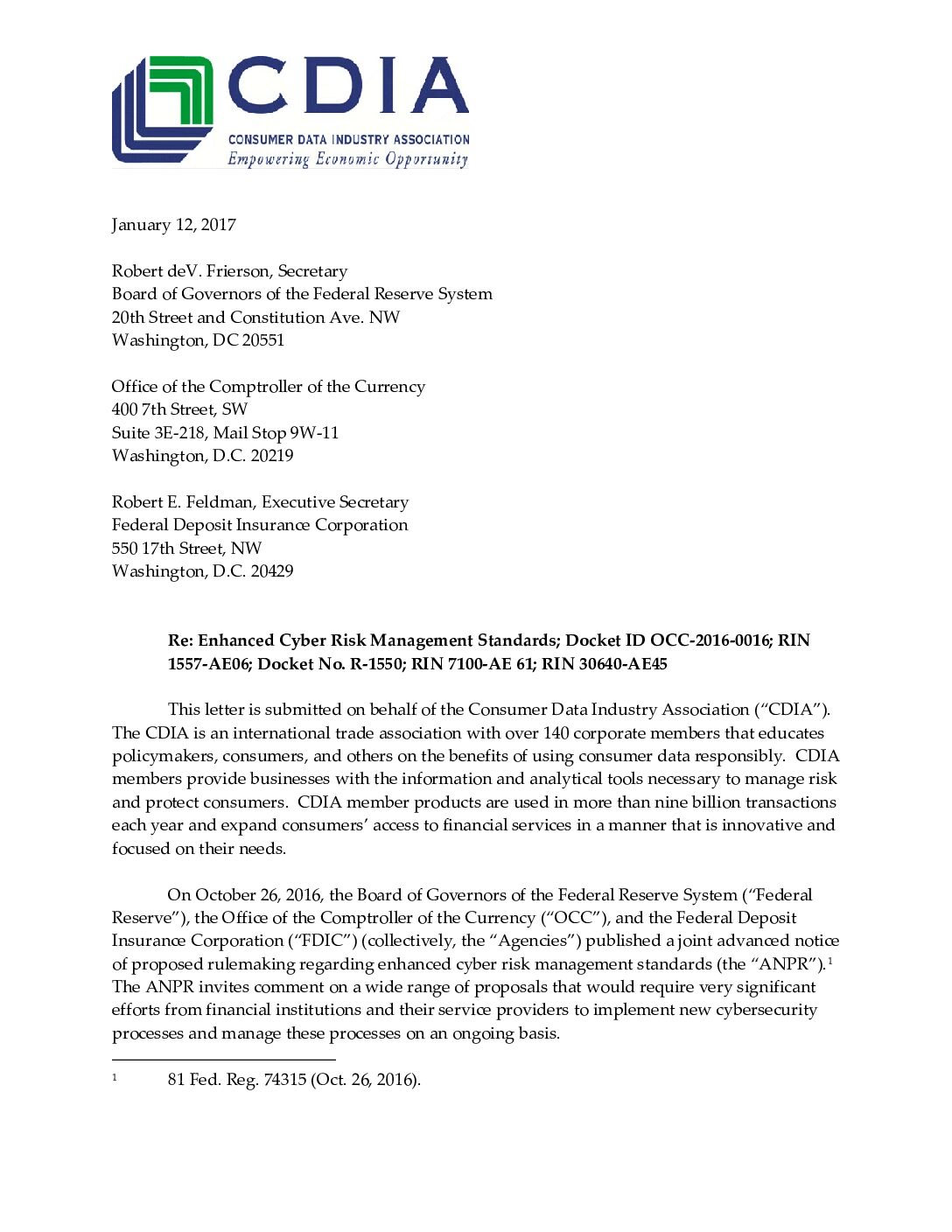 CDIA comment on enhanced cybersecurity standards