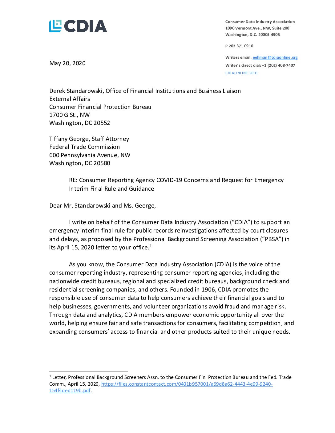 Letter to CFPB and FTC in support of emergency interim rule for public records reinvestigations