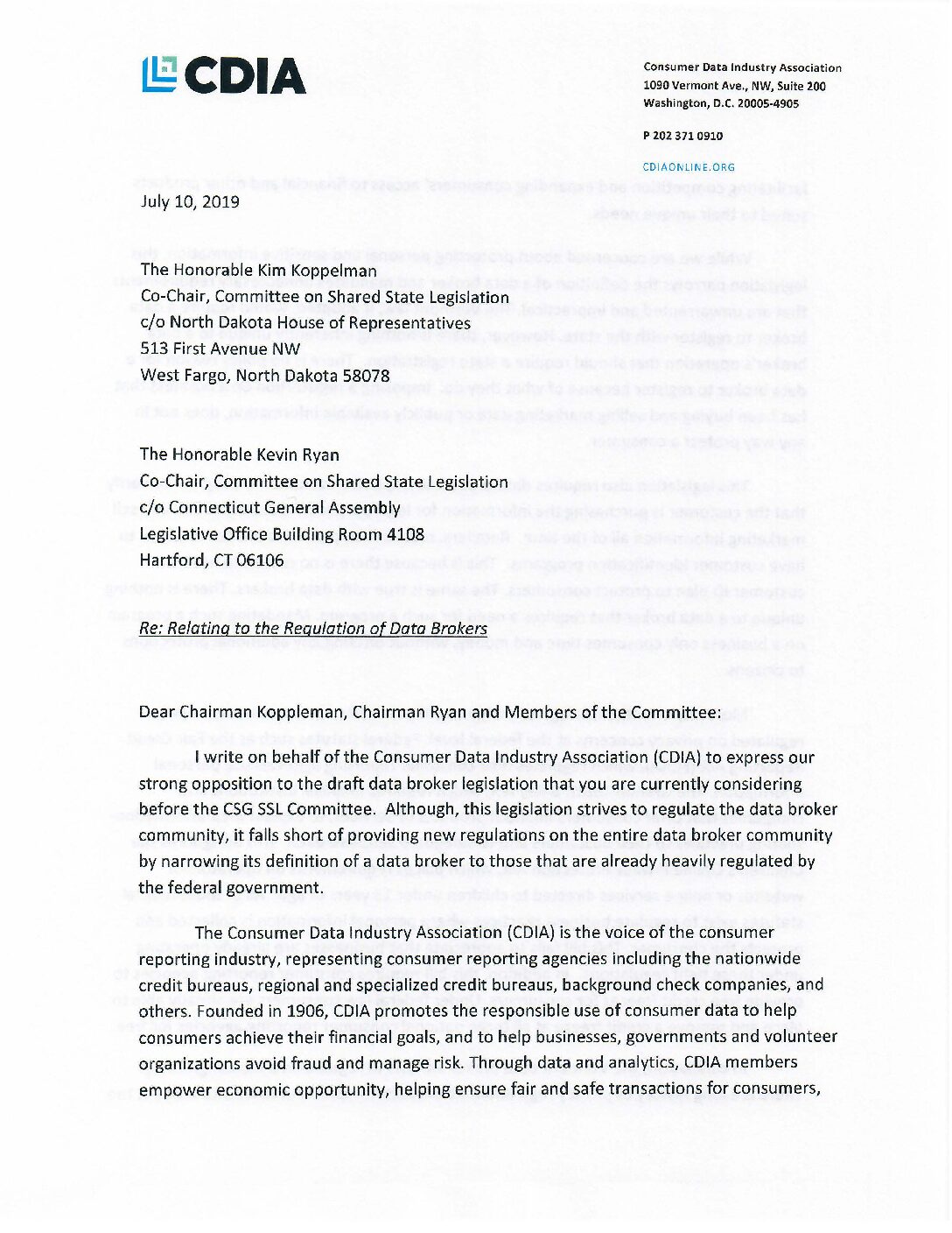CDIA’s objection to inclusion of Vermont’s data broker law on SSL list