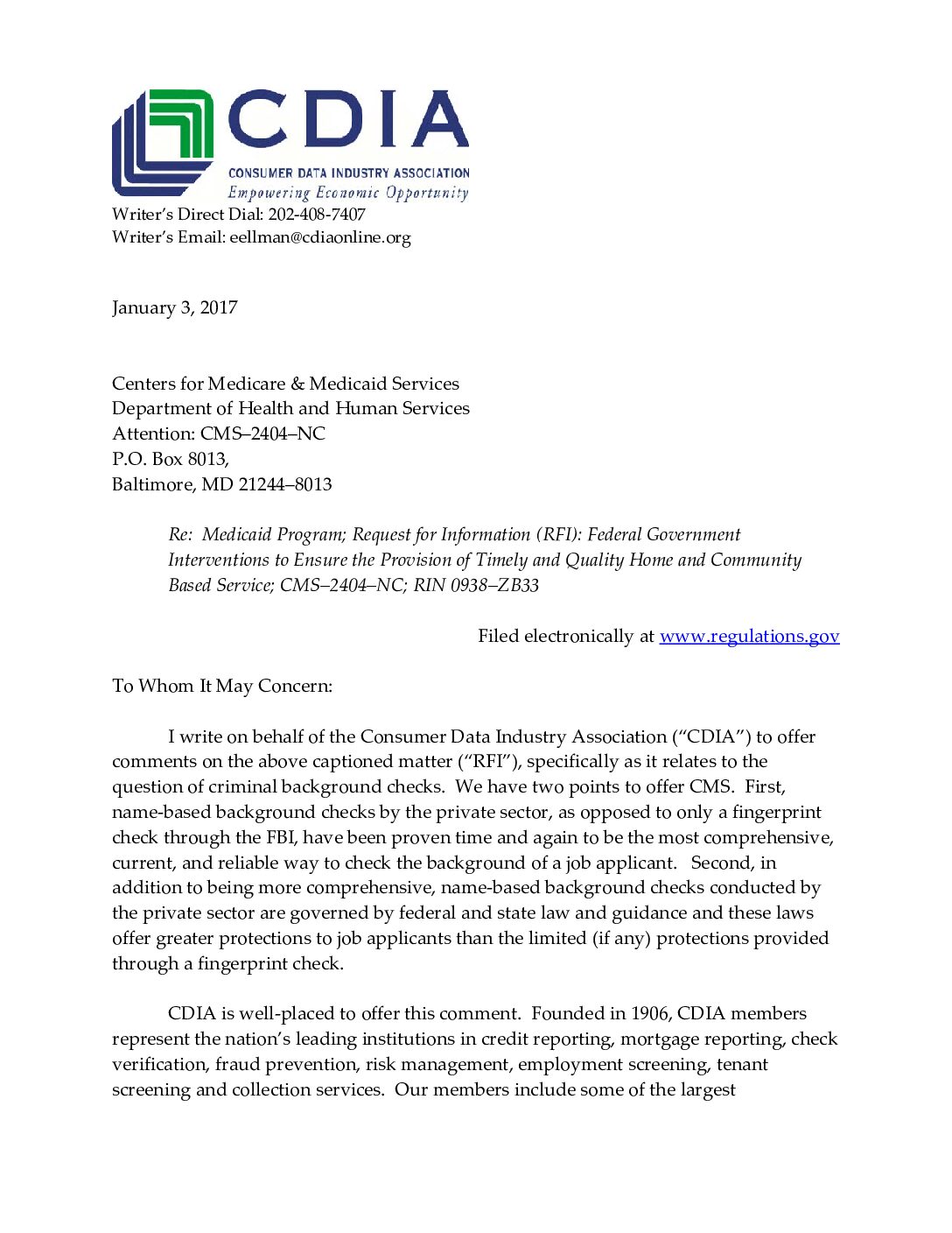CDIA comment to the Centers for Medicare & Medicaid Services