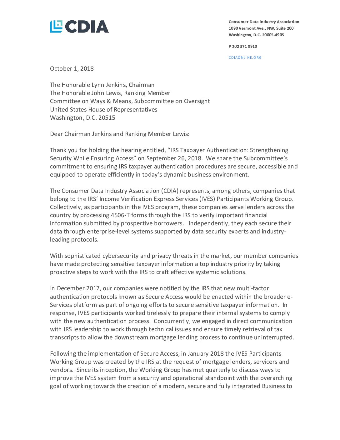 CDIA Letter to the Committee on Ways & Means, Subcommittee on Oversight