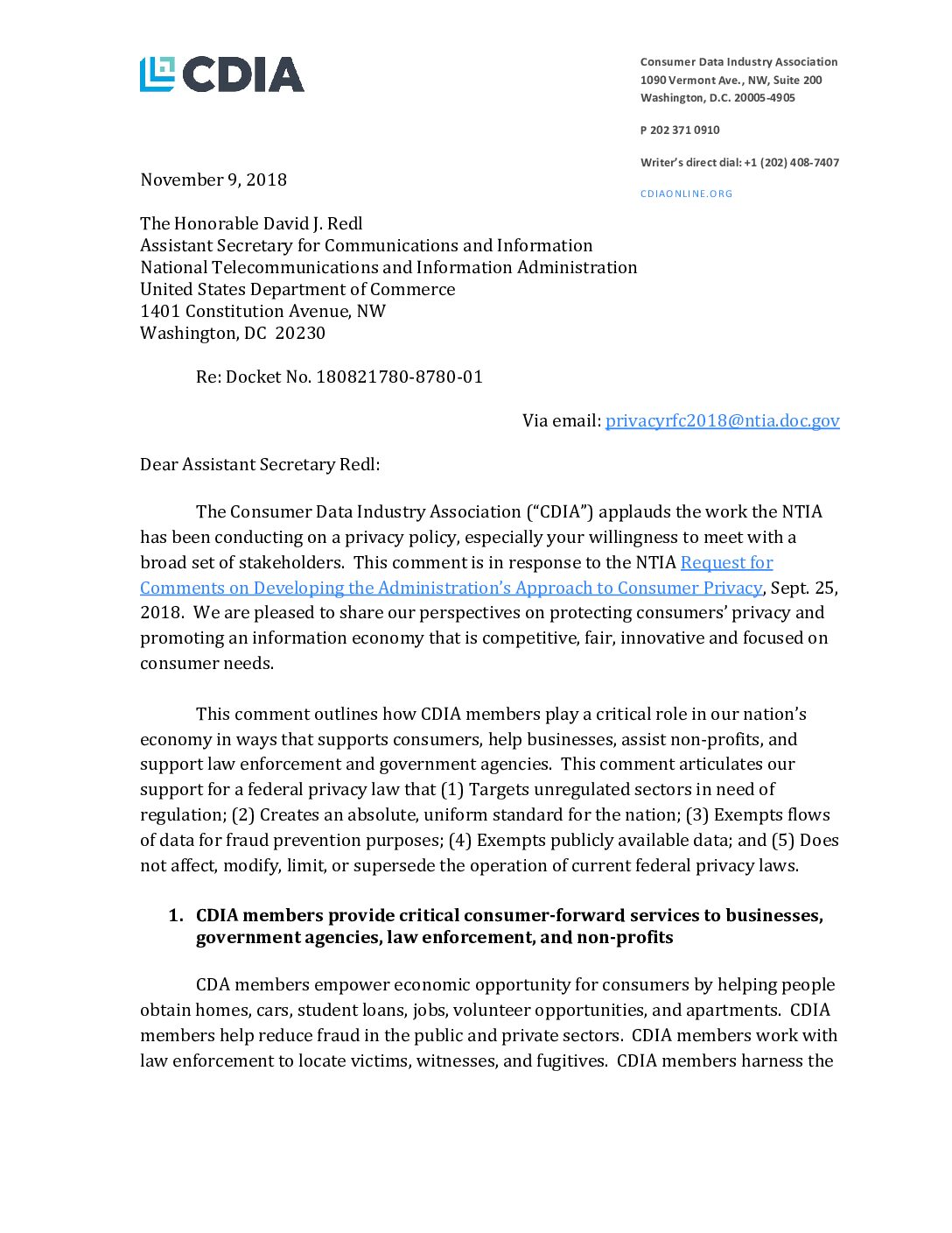 CDIA comment on NTIA approach to consumer privacy