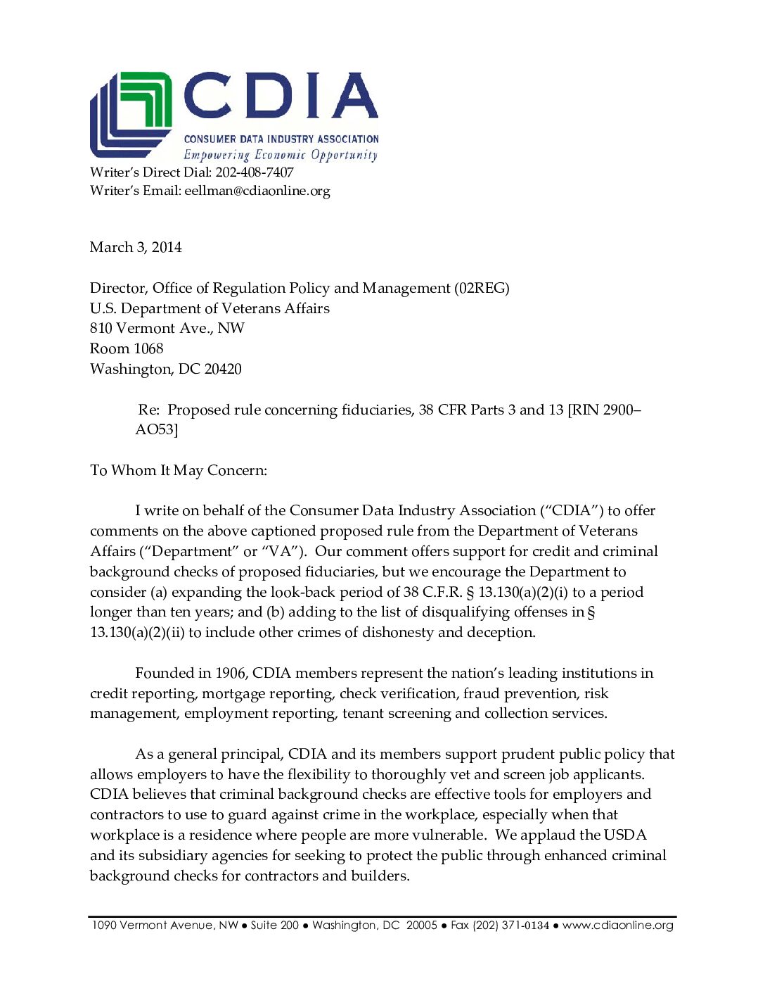 CDIA comment on proposed rule on the appointment of fiduciaries