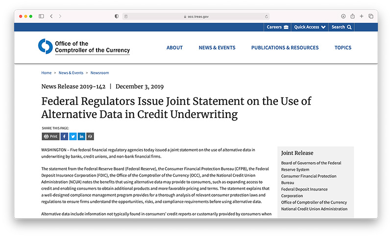 Joint statement on the use of alternative data in underwriting by banks, credit unions, and non-bank financial firms