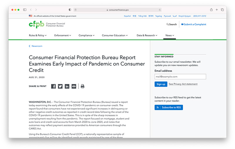 Consumer Financial Protection Bureau Report Examines Early Impact of Pandemic on Consumer Credit