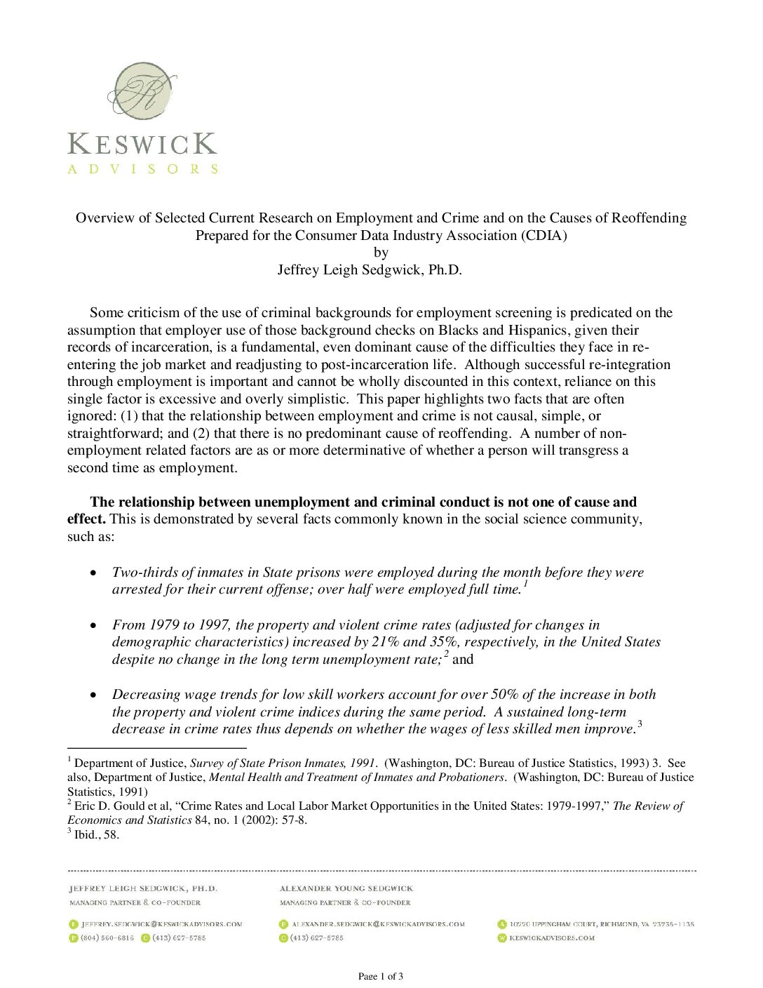 Sedgwick: Overview of Selected Current Research on Employment and Crime and on the Causes of Reoffending