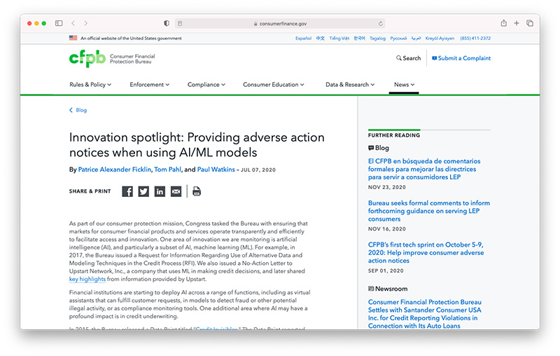 CFPB: Providing adverse action notices when using AI/ML models